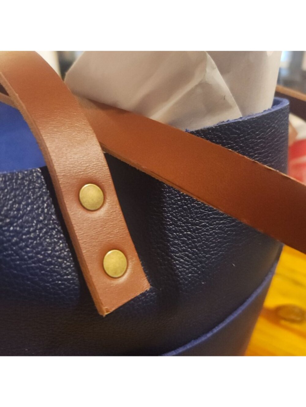 Portland Leather Med Classic Tote Cobalt Pebbled Leather Tan Handles (Tandles) - Picture 9 of 9